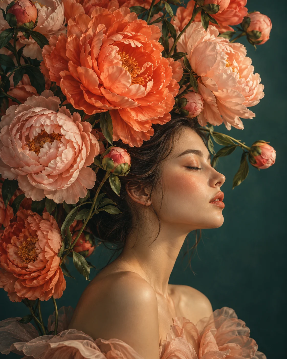 A woman in profile with a sculptural arrangement of coral and pink flowers in her hair