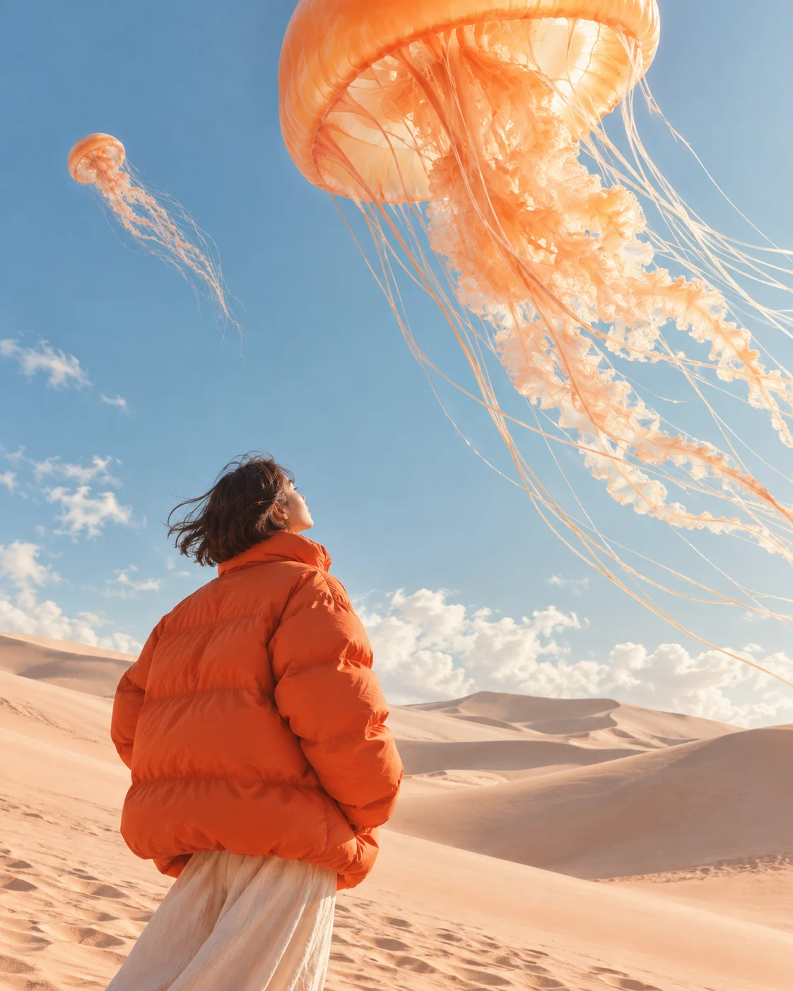 A woman in an orange jacket watching giant jellyfish float above desert dunes